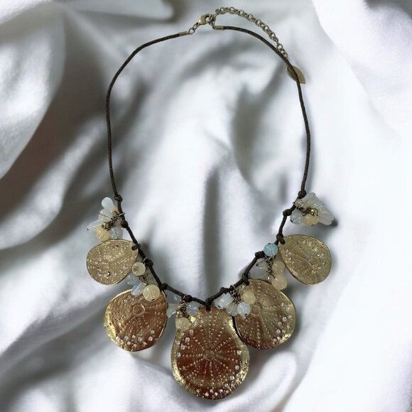 Drift Bottle Sand Dollar Necklace Auction Item COLDWATER CREEK Gold Crystal Beaded Sanddollar Beachy Boho Statement Necklace